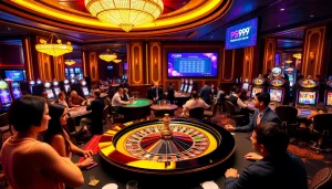 Engaged players enjoying a thrilling PS99 casino experience with roulette and poker tables.