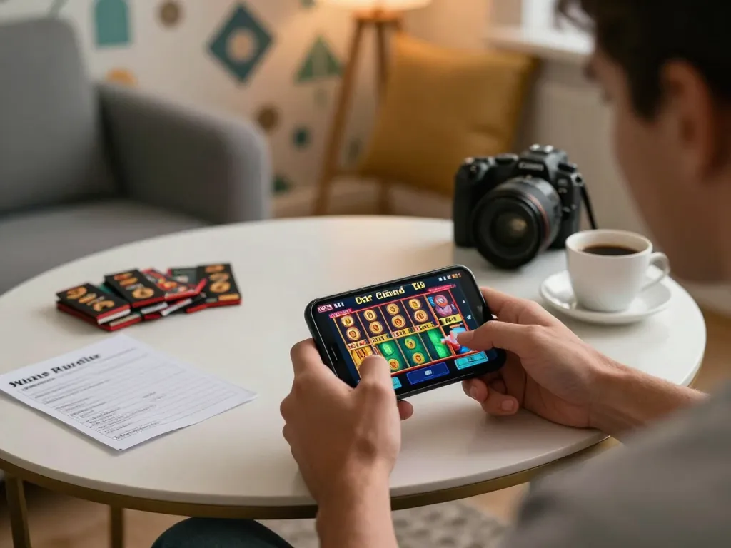 Engaging in slot dep sit pulsa gameplay on a smartphone in cozy home setting