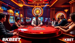 Glamorous casino scene showcasing 8KBET gaming excitement with cards and roulette.