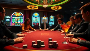 Engaged players enjoying a high-stakes game at https://tr88.work/, surrounded by vibrant casino elements.