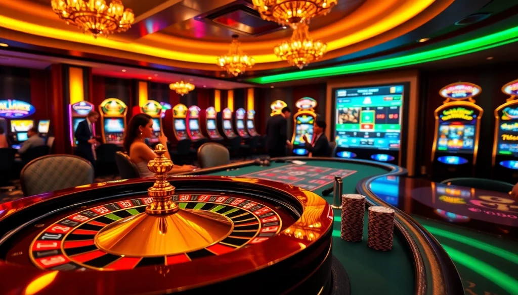 Experience luxurious gaming at af88 com featuring a buzzing casino scene with poker chips and roulette.