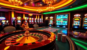 Experience luxurious gaming at af88 com featuring a buzzing casino scene with poker chips and roulette.