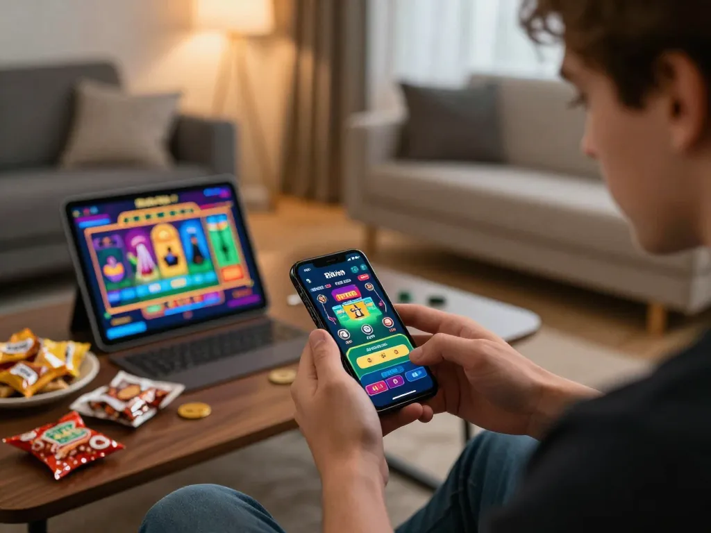 Player exploring rikvip mobile app on smartphone in a cozy home setting.