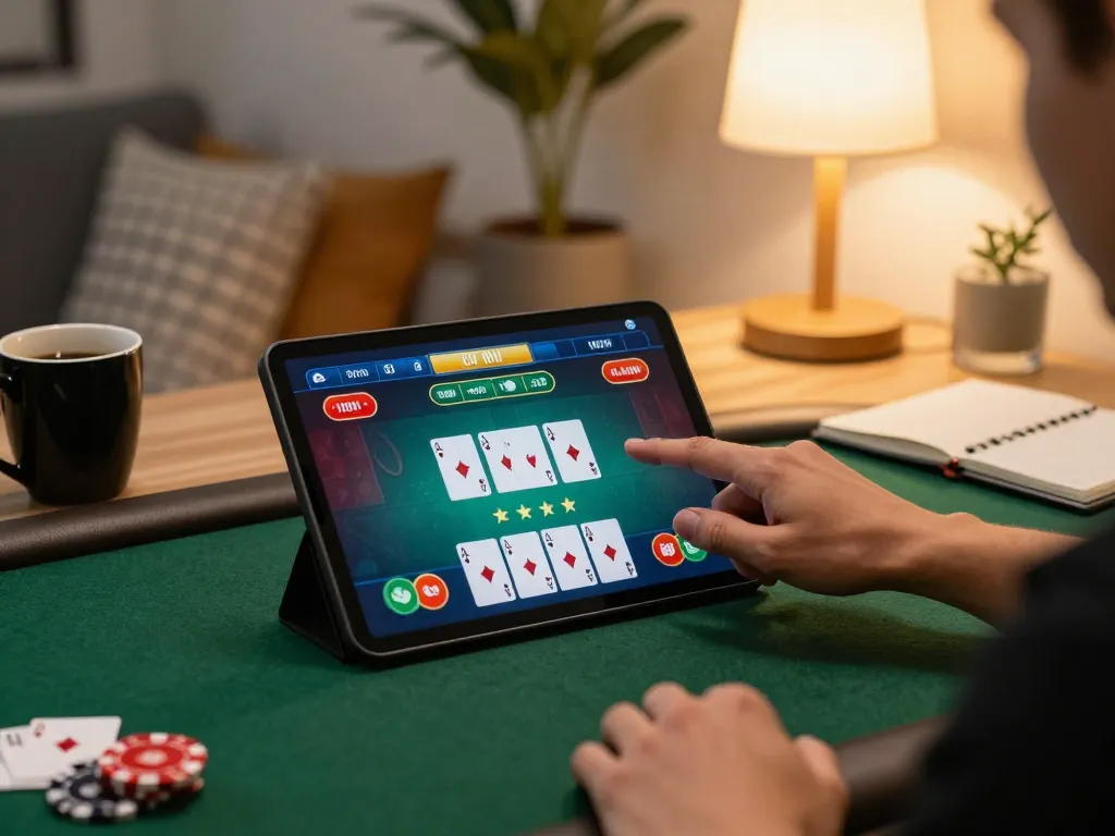 Engaging in online poker at home with 789club on a tablet, capturing strategic gameplay.