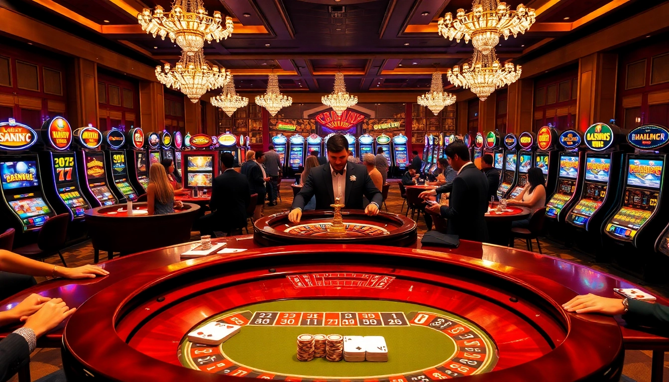 Scène captivante de jeux de casino en ligne avec roulette et jetons de poker dans un cadre luxueux.