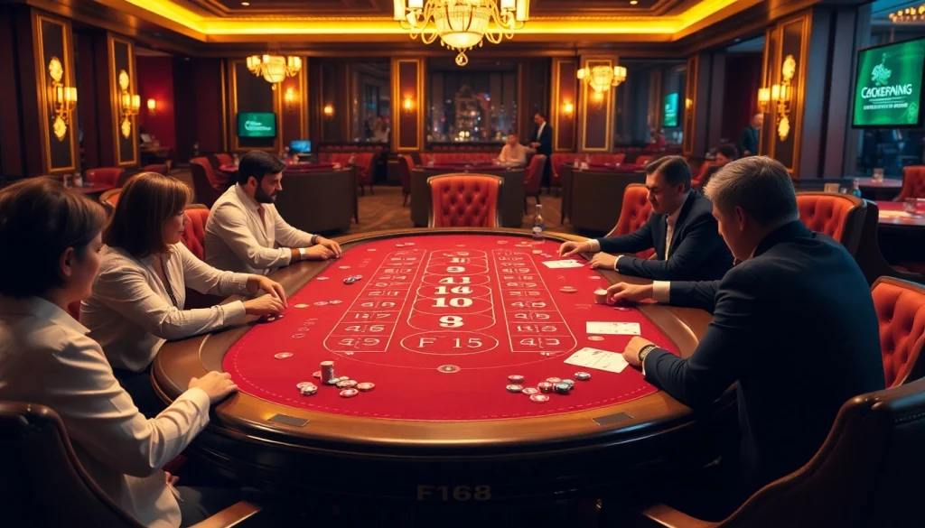 Exciting scene of F168 casino gaming with poker chips, cards, and engaged players in a lavish setting.