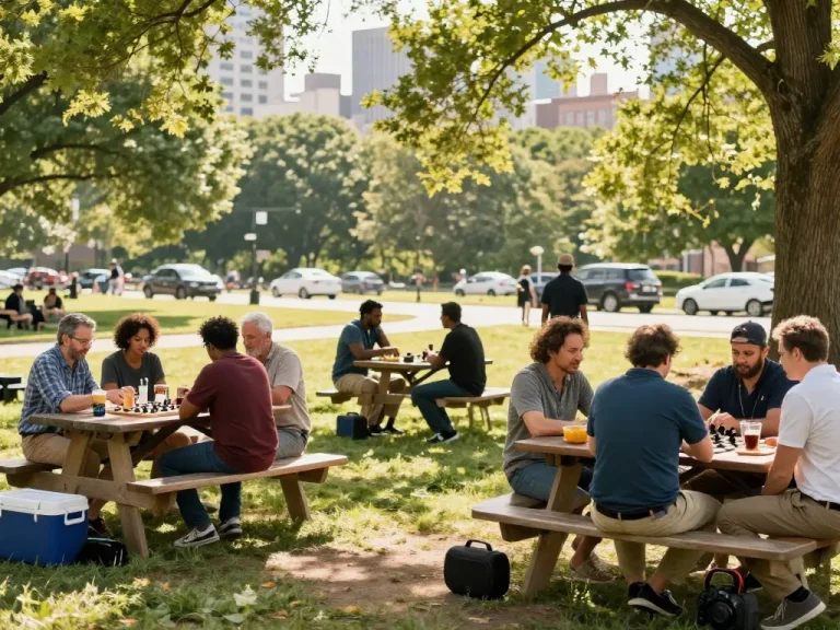 Men enjoying a gathering at a man club in a park, sharing stories and activities.
