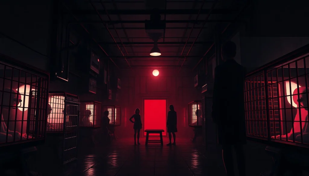 人権破壊工場の不穏な工場環境を描いた図像。陰影のある人物と暗い機械が描かれている。