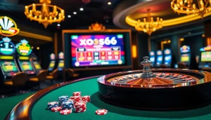 Exciting gaming action at xoso66 casino with roulette, slots, and poker elements.
