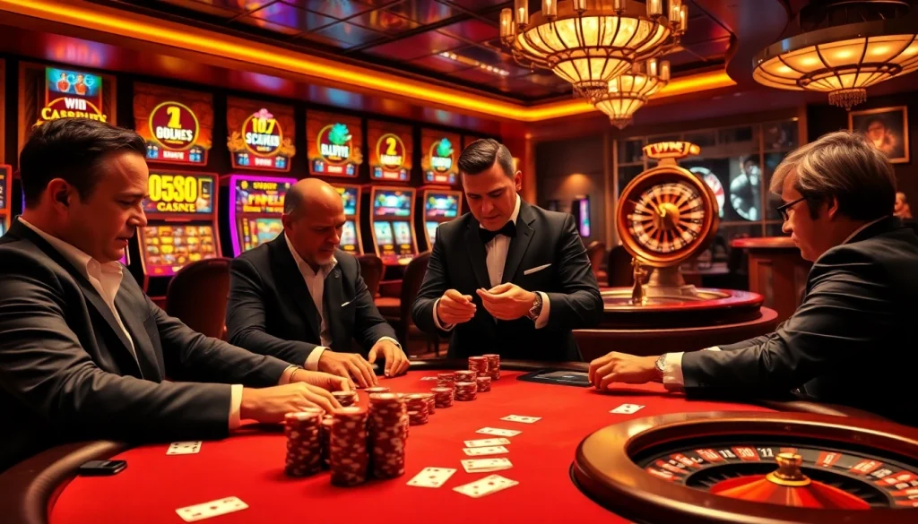 TWIN68 players strategically placing bets at a thrilling poker table in a glamorous casino.