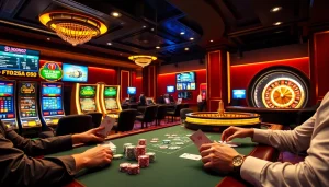 A thrilling casino ambiance featuring online gaming at https://789betmedia.com/ with players celebrating wins and colorful gaming elements.