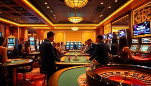 Toto919 players engaging with exciting casino games and vibrant slot machines in a luxurious setting.