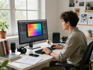 Innovative workspace of a graphic designer converting an image to prompt via AI technology, showcasing creativity and productivity.