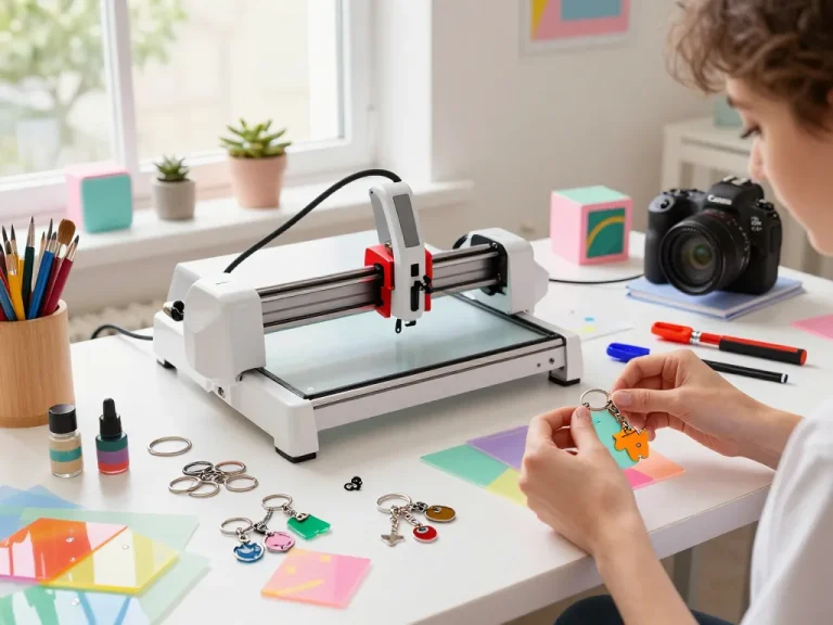 Creating custom keychains with colorful materials in an artisan workspace.