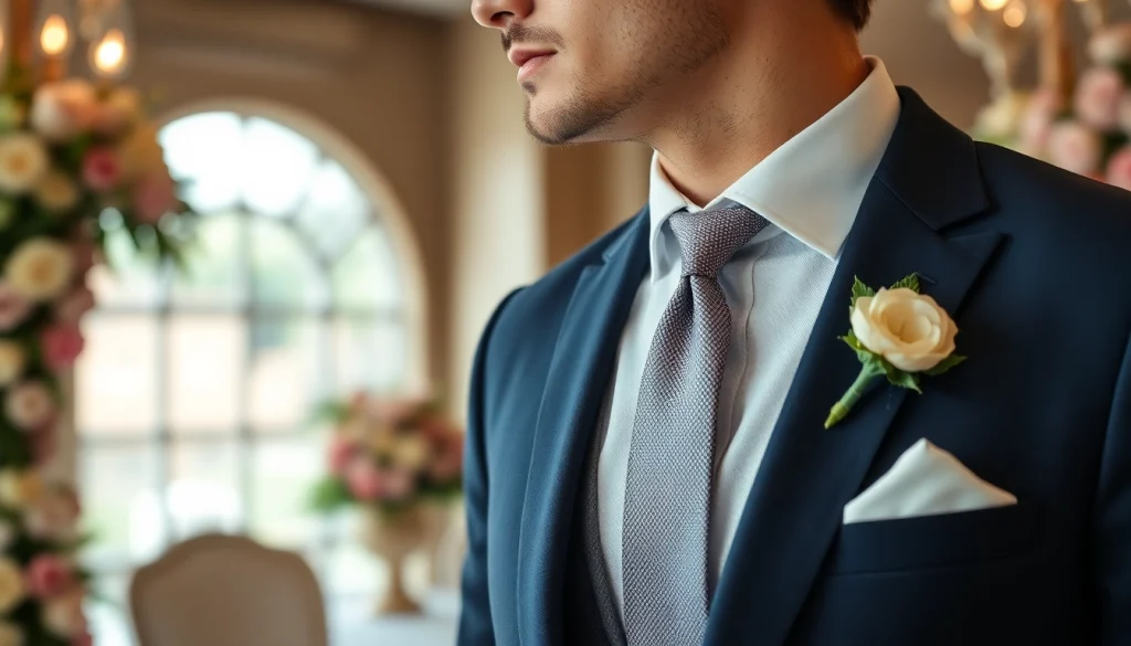 Showcase of designer menswear in a refined wedding setting, emphasizing elegance and style.