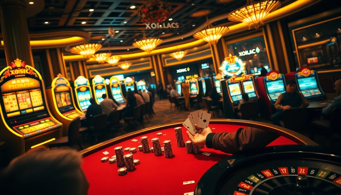Xoilac-themed gambling scene with players at a poker table celebrating a win.