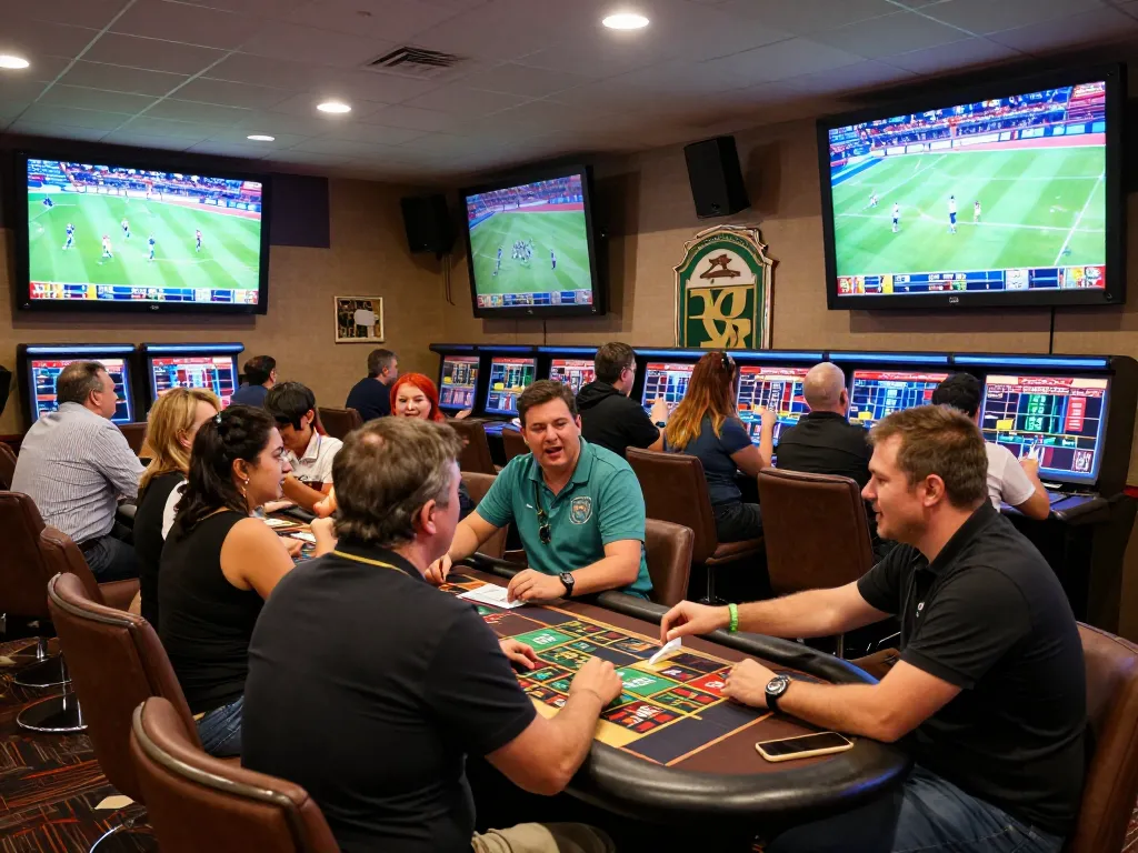 Cheering bettors engaging with 9BET sports betting screens in a lively casino.
