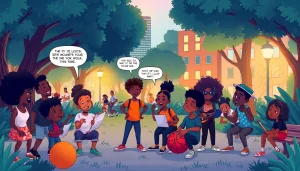 A colorful scene featuring diverse African American Cartoons characters in a park, engaging in playful activities.