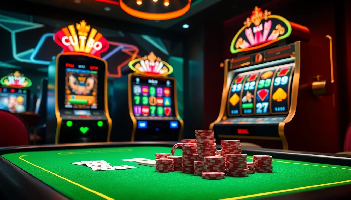 Exciting online casino experience at UU88 with poker chips and vibrant slot machines.