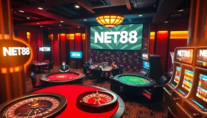 NET88 logo prominently displayed at a lively casino table with players betting strategically.