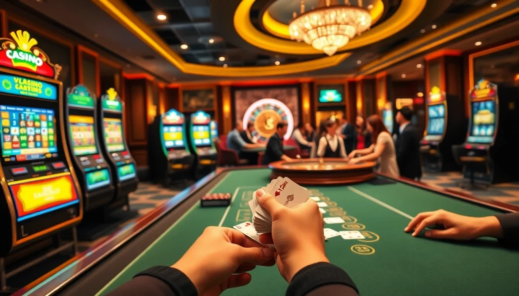 Joueurs de casino en ligne plaçant des paris à une table de cartes vibrante avec des machines à sous en arrière-plan.