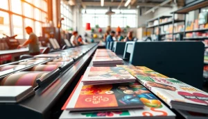 Engaging scene of edmonton printing service with vibrant materials and energetic staff.