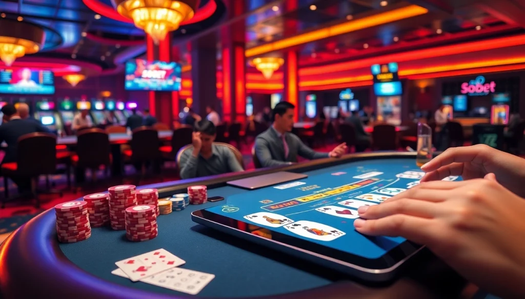 Sbobet link alternatif displayed on a sleek tablet alongside vibrant casino elements like poker chips and playing cards.