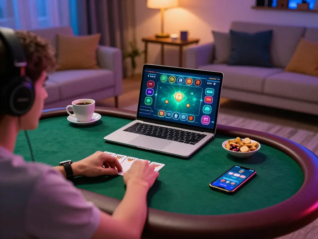 Sunwin player strategizing during an online poker game on a cozy home setup with vibrant lighting.