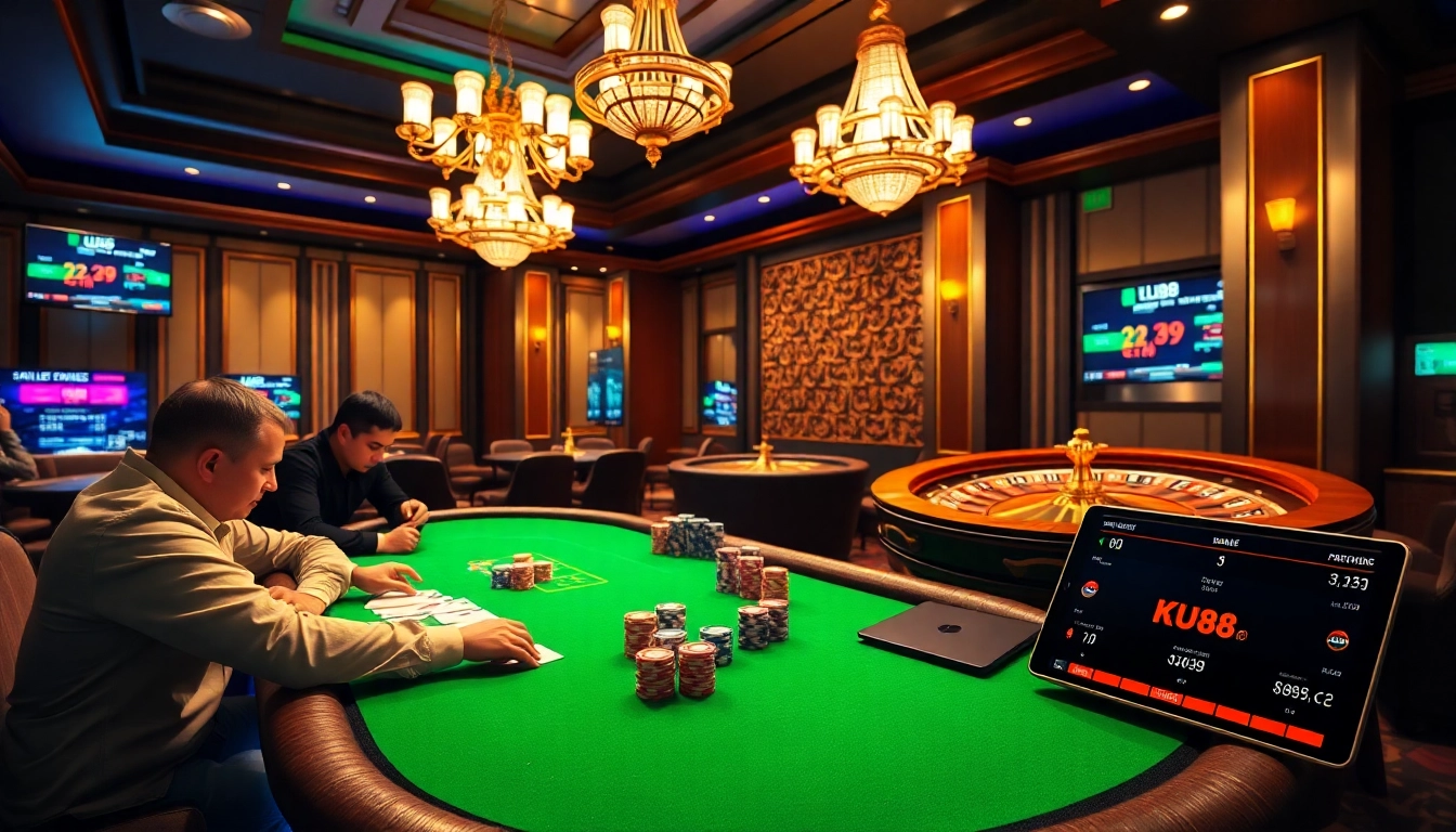 Experience thrilling gameplay at KU88 Casino with a vibrant poker table and roulette wheel.
