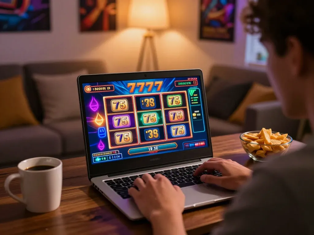 Engaging with slot777 game on a laptop, showcasing a vibrant online casino experience.