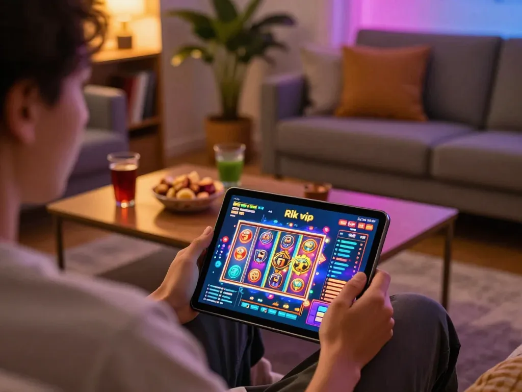 Person enjoying Rik vip slot games on tablet in a cozy home setting