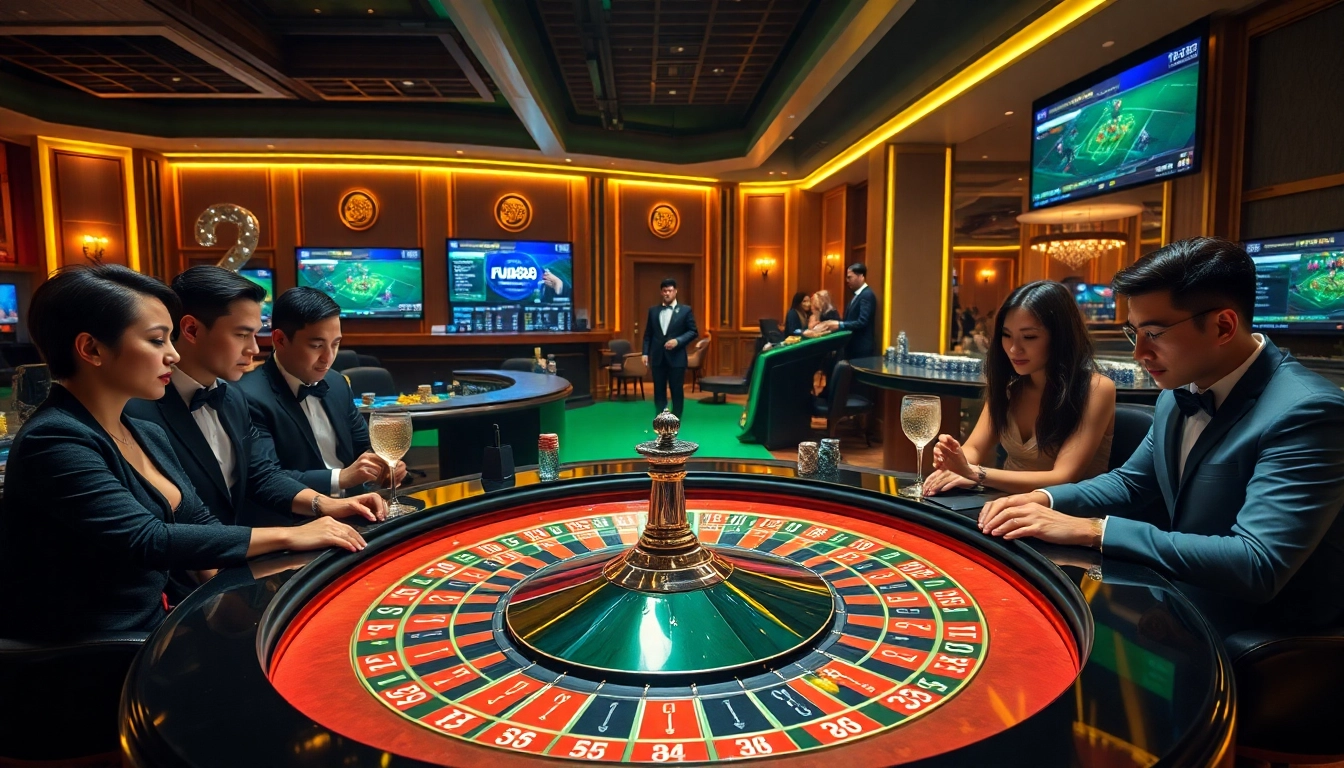 Engage in a thrilling game at the FUN88 roulette table with vibrant casino ambiance.