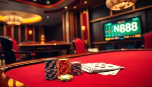 Experience thrilling gambling at NK88 with vibrant poker chips and a roulette wheel.