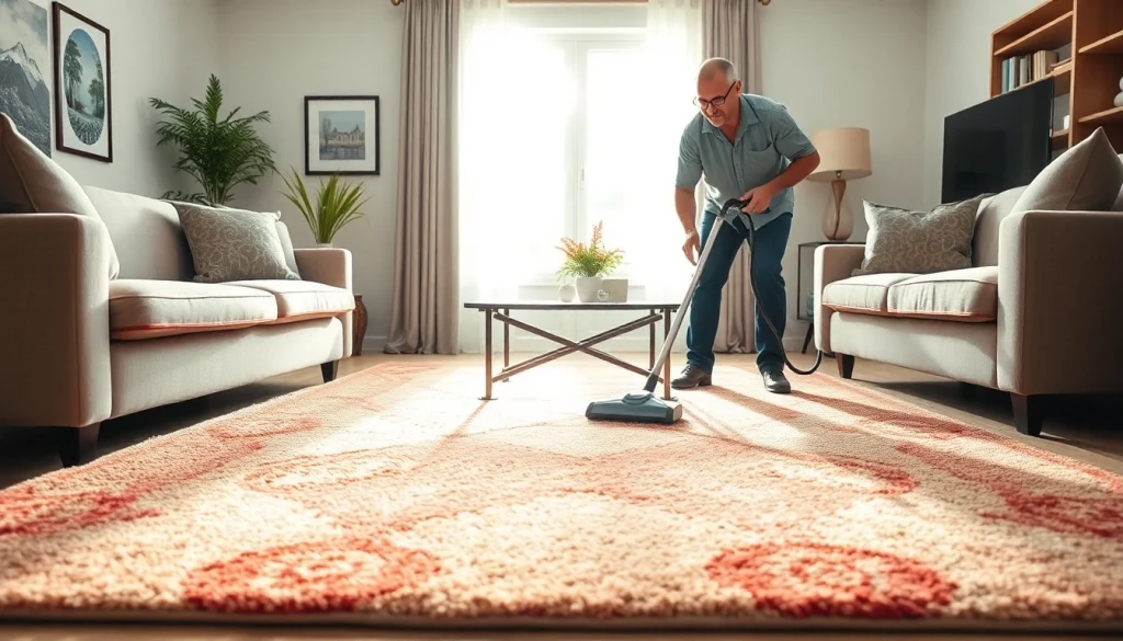 Carpet cleaning Roseville CA technician cleaning a vibrant rug in a cozy living room.