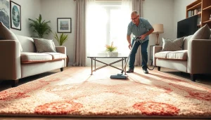 Carpet cleaning Roseville CA technician cleaning a vibrant rug in a cozy living room.