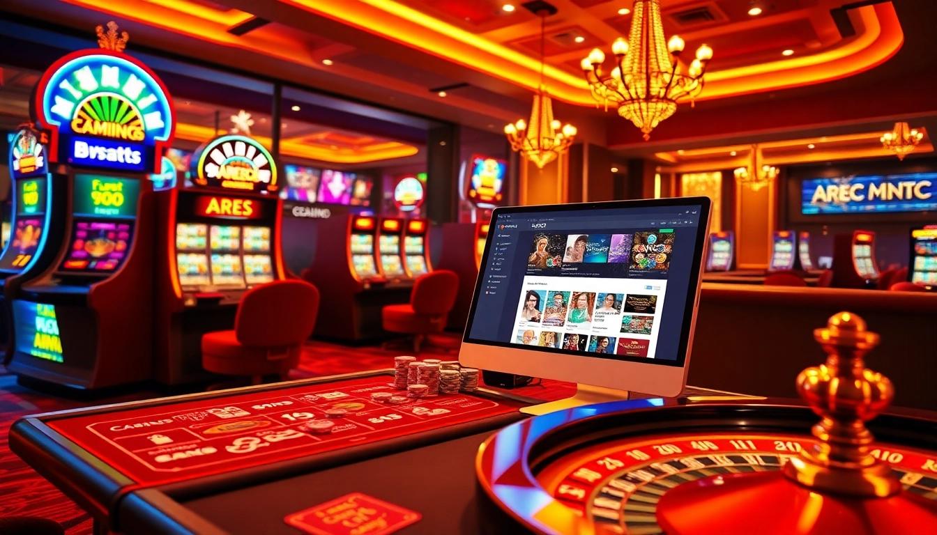 Engaging casino visuals featuring the ARESGACOR online platform with slot machines and poker tables.