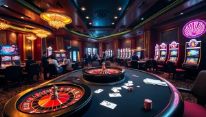 Experience the thrill of 'bangsawan88' at an upscale casino, showcasing poker and vibrant slot machines.