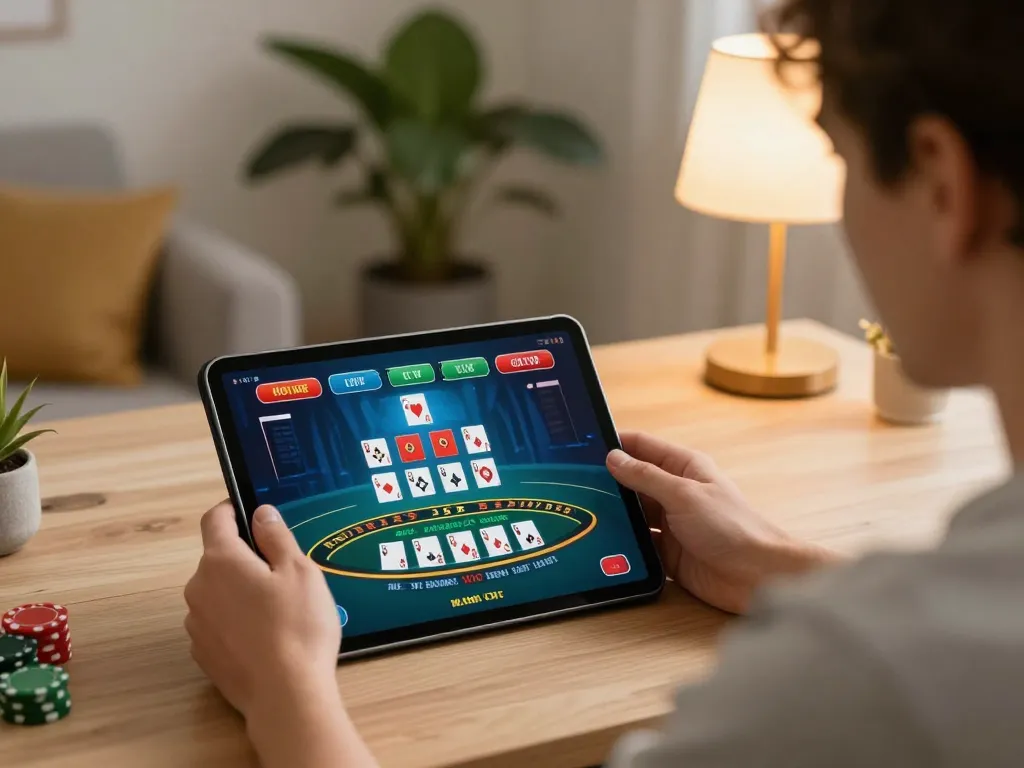 Engaged player on https://www.dacsandatphanrang.com/ using tablet for live dealer blackjack, showcasing modern home gaming.