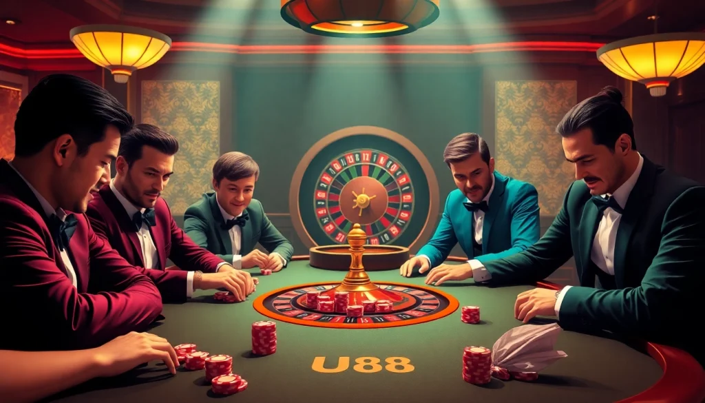Excited gamblers engaging at a UU88 poker table, showcasing poker chips and a roulette wheel.