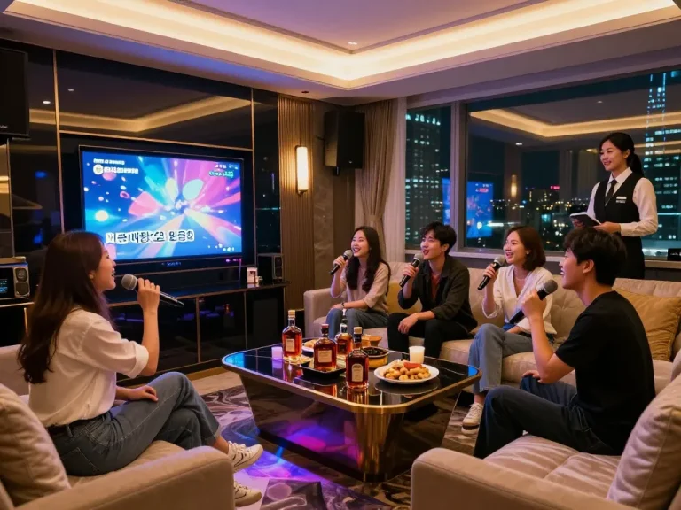Enjoying an upscale karaoke experience at gangnamtune.com with friends in a vibrant lounge.