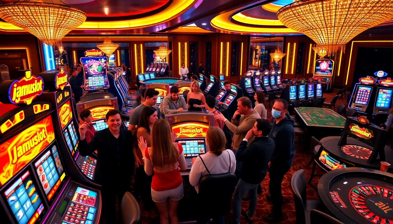 Excited players enjoying the jamuslot experience at vibrant casino slot machines.