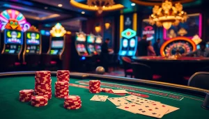 Gamblers celebrating a sunwin at a luxurious blackjack table, surrounded by vibrant poker chips and slot machines.