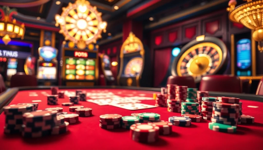 Experience the excitement of dinamit4d at a vibrant casino gaming table filled with colorful chips and cards.