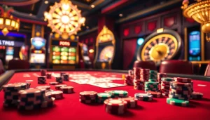 Experience the excitement of dinamit4d at a vibrant casino gaming table filled with colorful chips and cards.