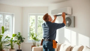 Technician executing ductless mini-split installation in a modern home environment.