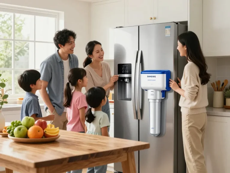 Waterdrop DA97-17376B Replacement for Samsung® HAF-QIN Refrigerator Water Filter featured in a bright home kitchen, showcasing family wellness.