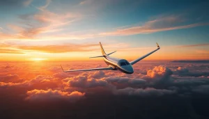 Modern jet flying over vibrant sunset landscape, reflecting aviation industry spirit linked to https://rr9935.com/.