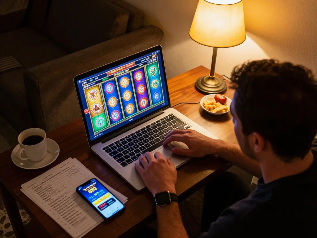 Player enjoying nohu slot game on a laptop at home with vibrant graphics and ambiance