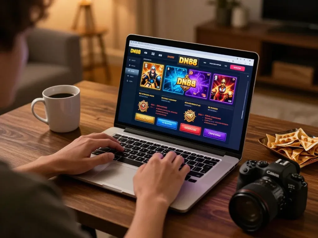 Engaging in online casino betting at DN88 with laptop display and warm ambiance.