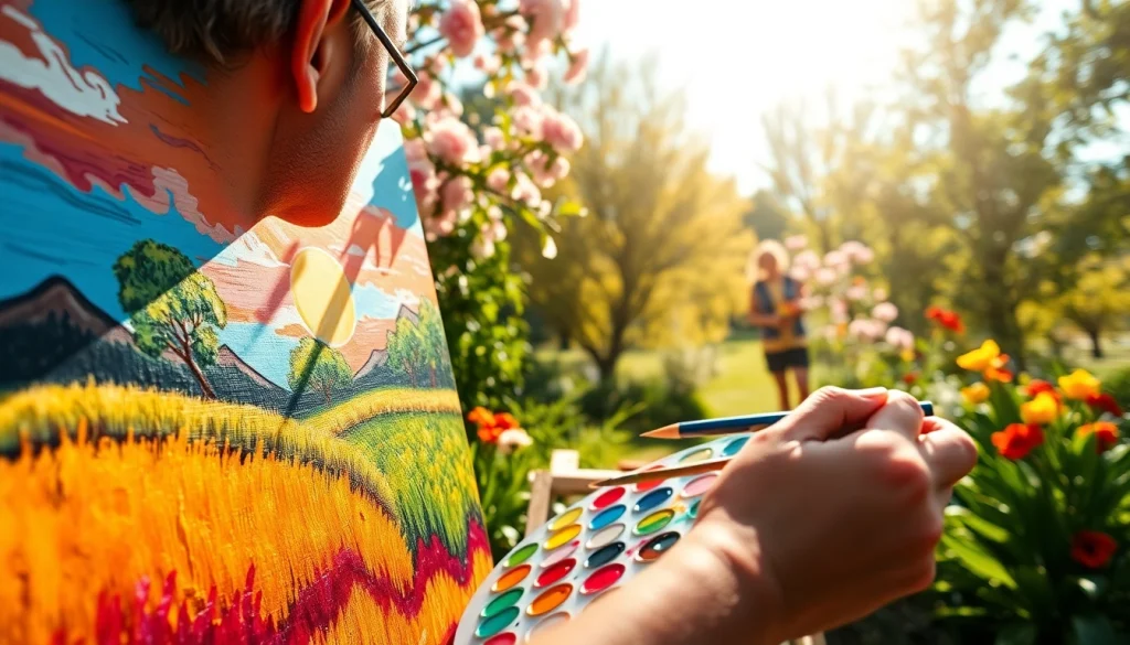Artist creating a vibrant painting of a sunlit landscape in a tranquil garden.